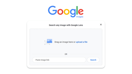 google lens upload screen with “drag image here or upload a file” prompt.