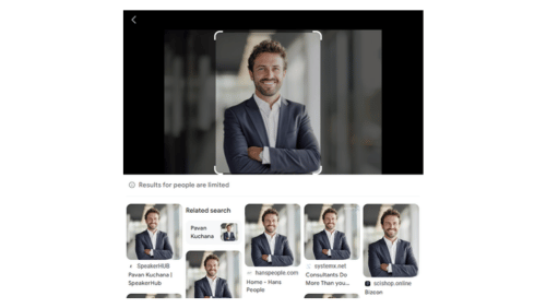 screenshot of google lens showing a businessman image with related visual search results below.