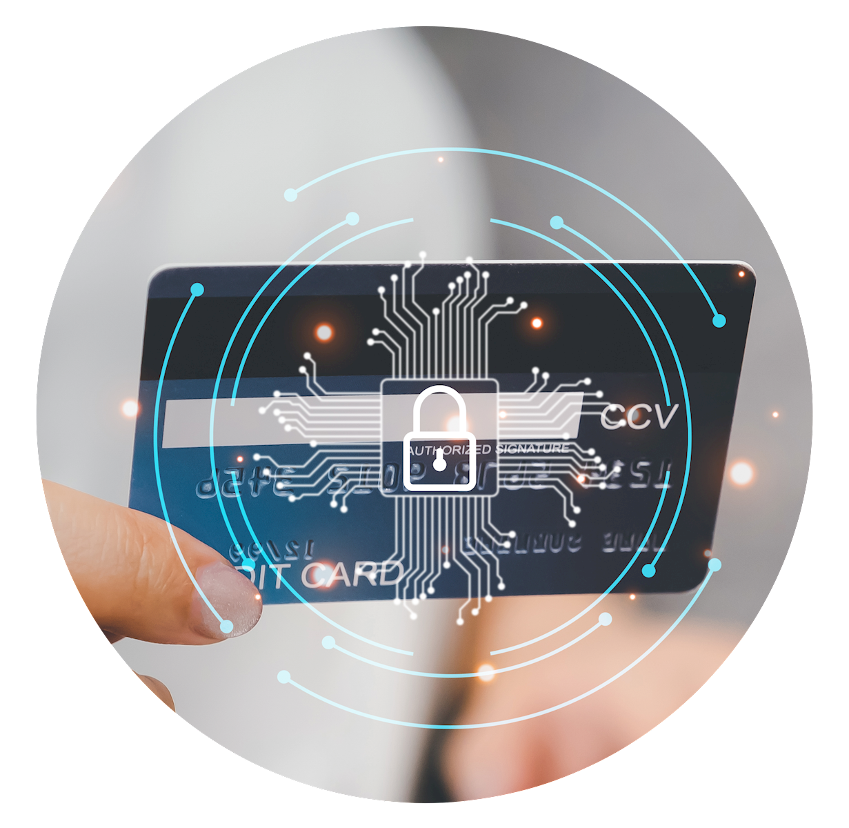 Person with debit card, with technology icons